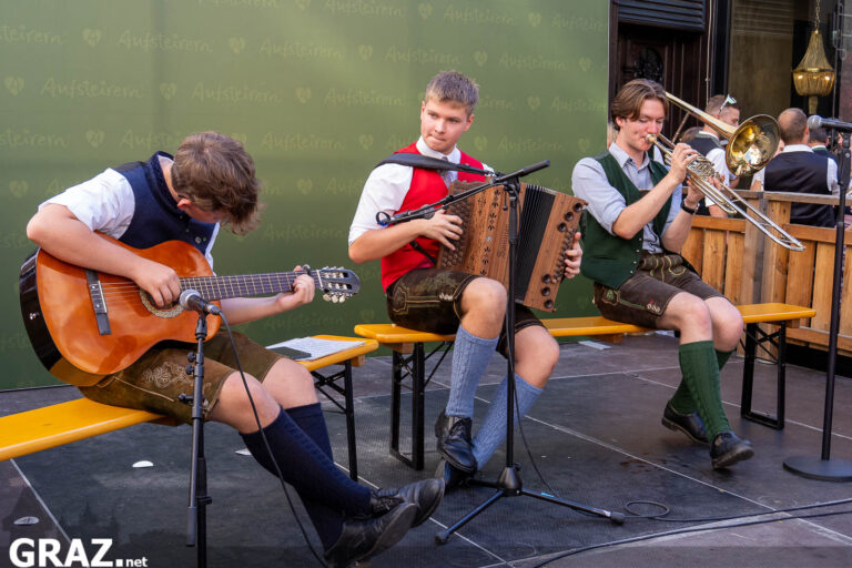 Junge Musiker spielen Gitarre, Harmonika und Posaune
