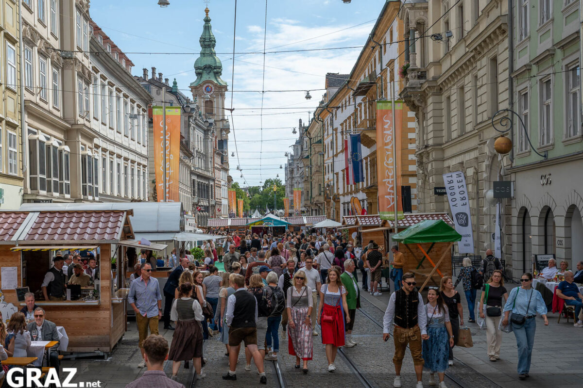 Menschen in Tracht und Alltagskleidung in der Grazer Herrengasse