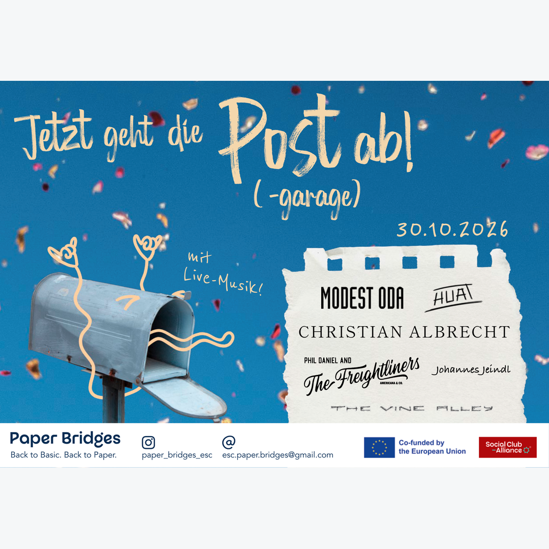 Ankündigungsgrafik für den Charity-Abend Paper Bridges in der Postgarage Graz am 30. Oktober 2026